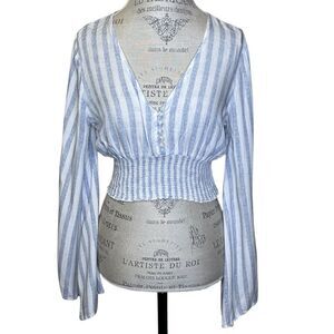 The Cove Long Flare Sleeve Striped Cropped Women's Top Blue White Small